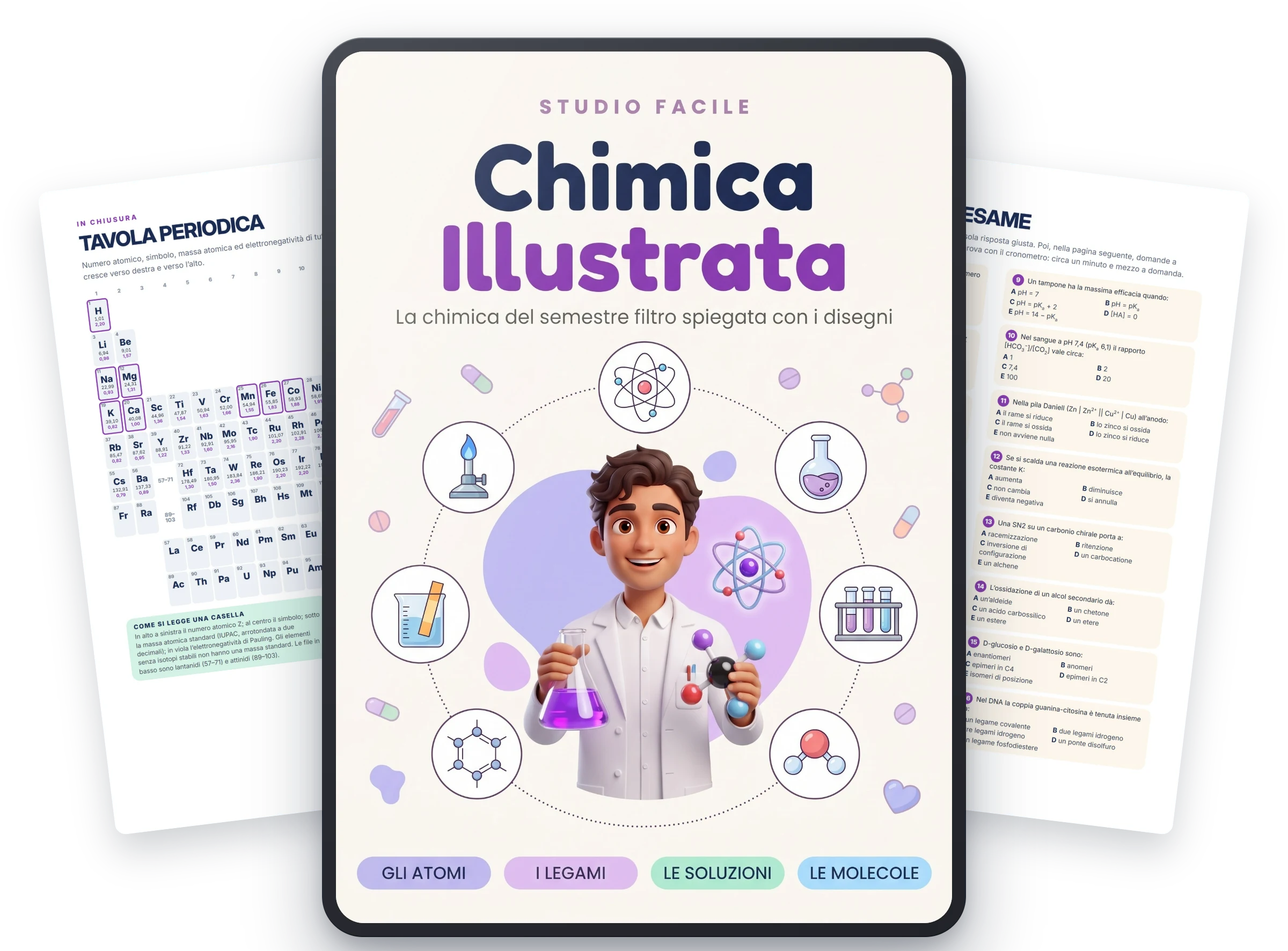 Chimica Illustrata: la copertina nel tablet, con la tavola periodica e le domande stile esame