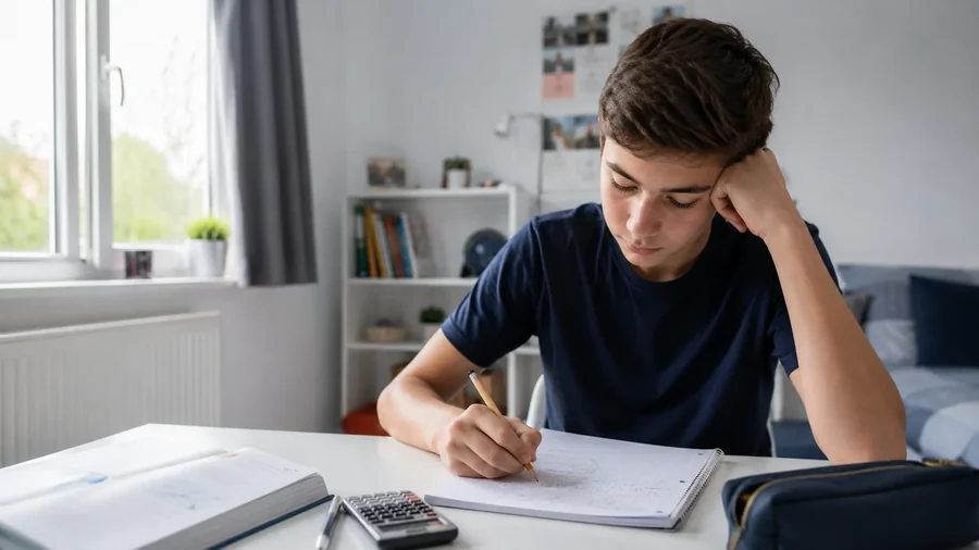 Studente del liceo che studia chimica