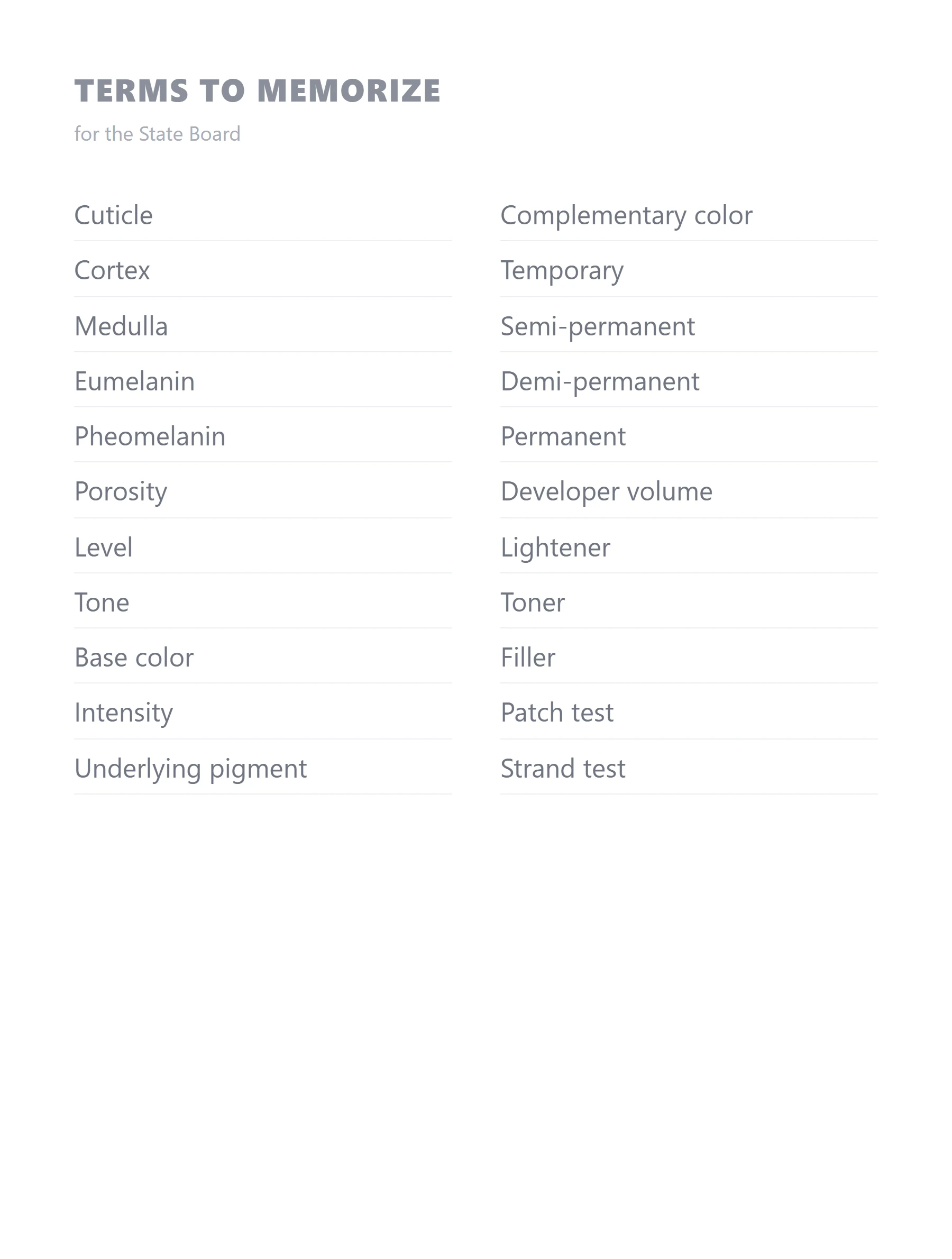 A list of hair color terms to memorize