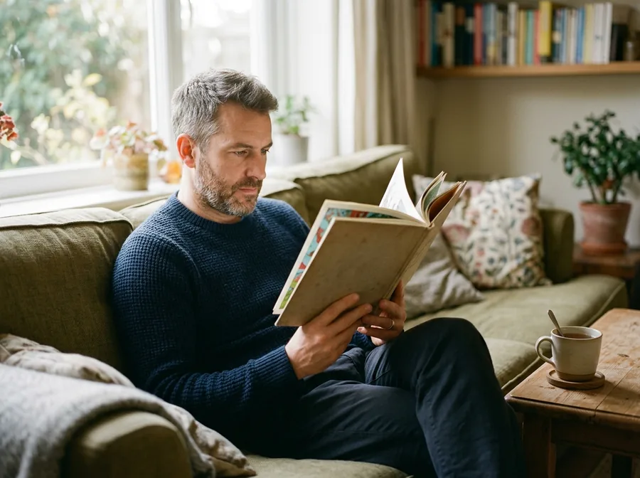 Man reading an illustrated book on a sofa