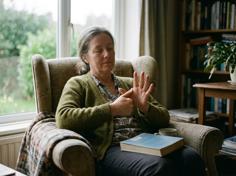 Woman gently pressing a point on her hand in an armchair