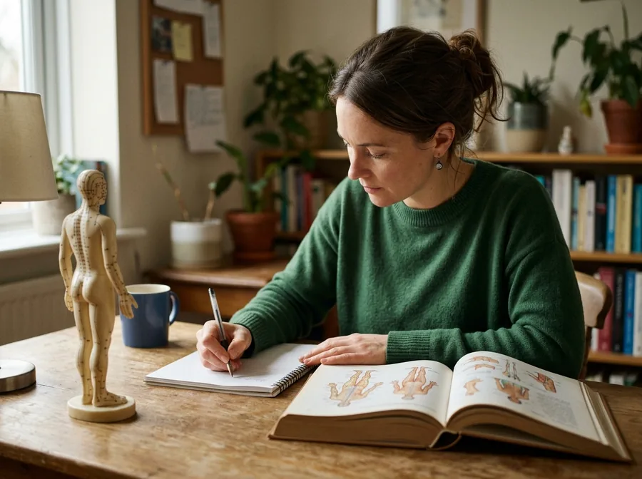 Woman studying an illustrated book at a desk next to an acupuncture model