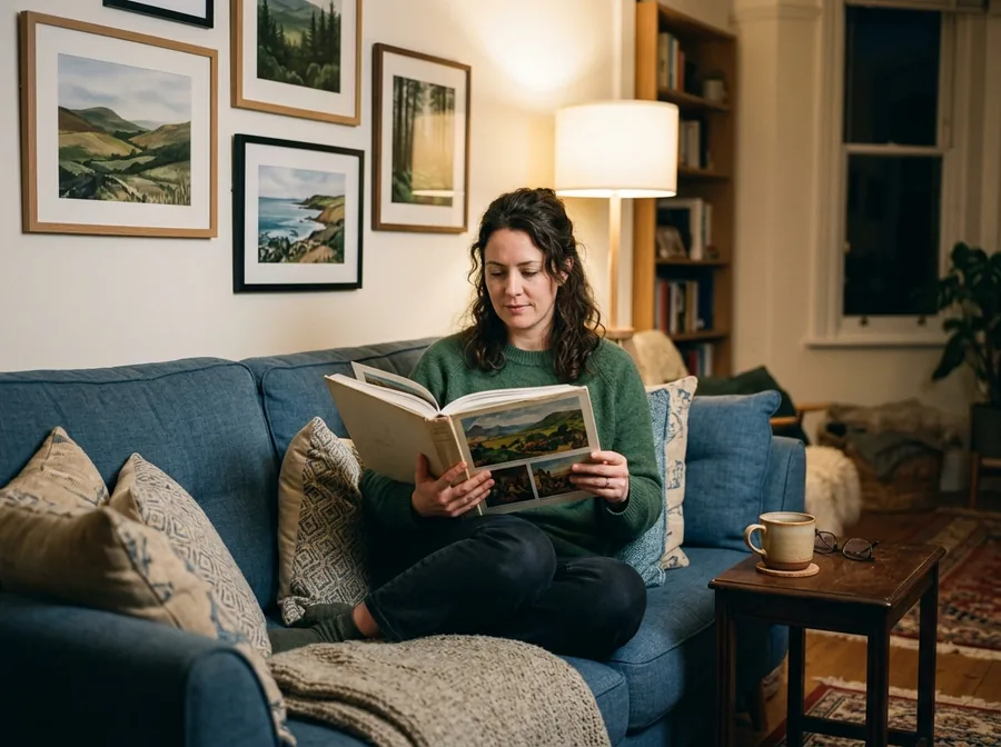 Woman reading an illustrated art history book on her sofa