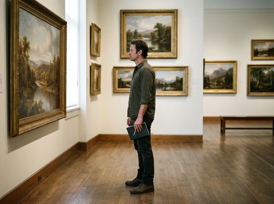 Man looking at a landscape painting in an art museum