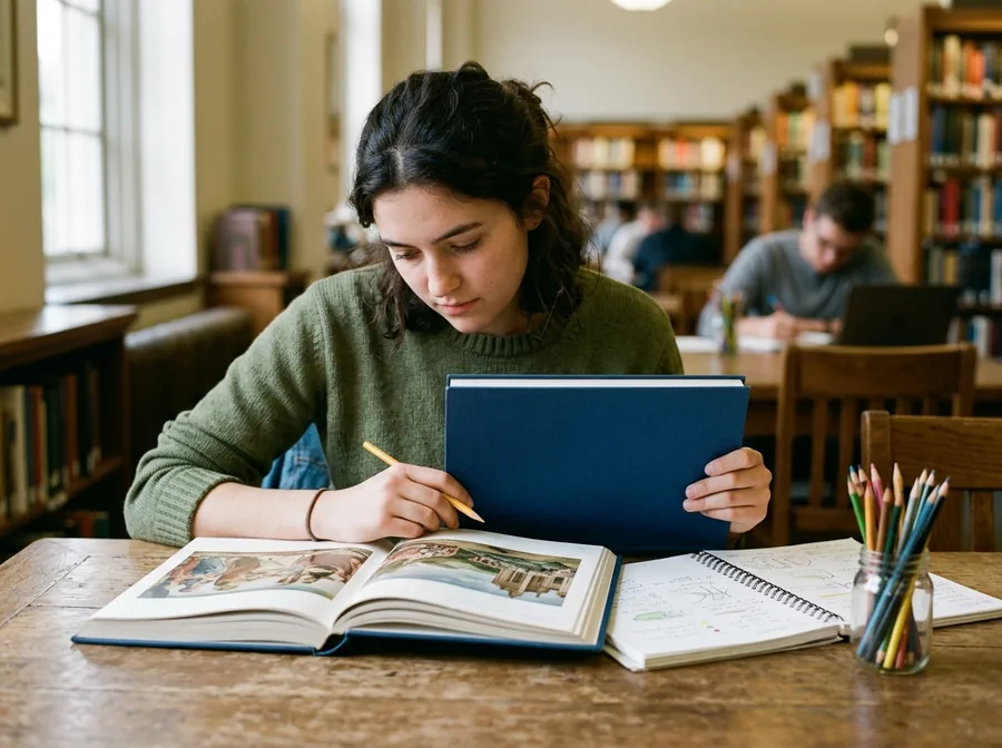 Student studying an illustrated art history book in a library
