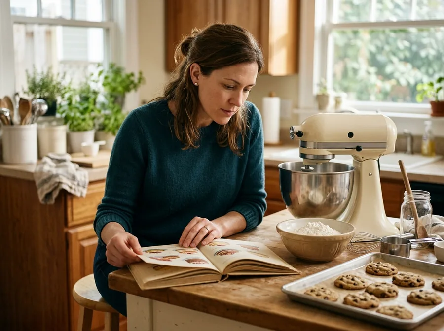 Woman reading an illustrated baking book in her kitchen