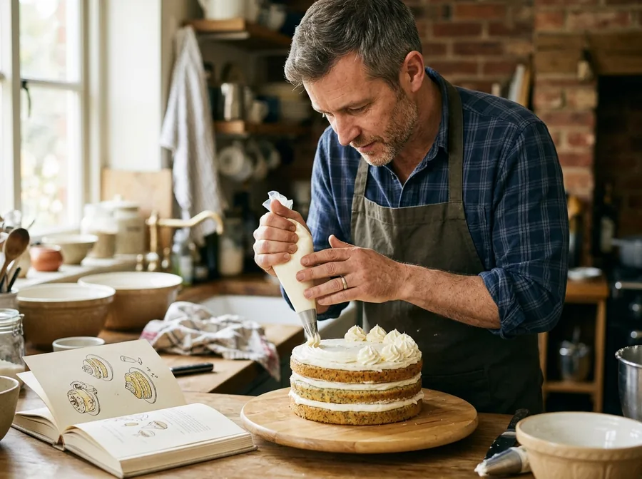 Man piping buttercream on a layer cake with an illustrated book beside him