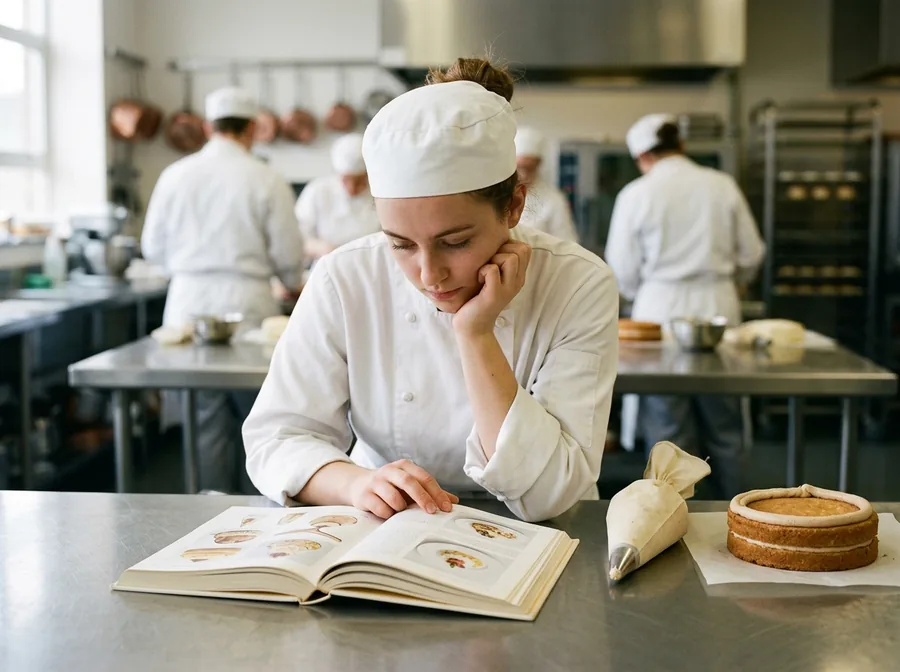 Pastry student studying an illustrated book in a teaching kitchen
