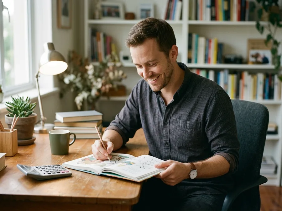 Adult reviewing an illustrated book at a desk