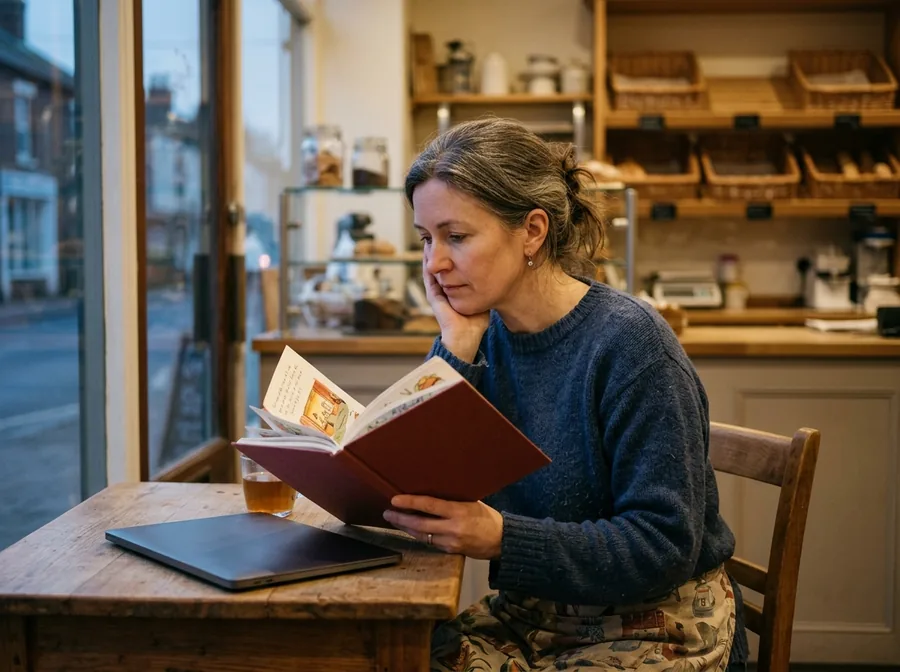 Small business owner reading an illustrated book in her shop