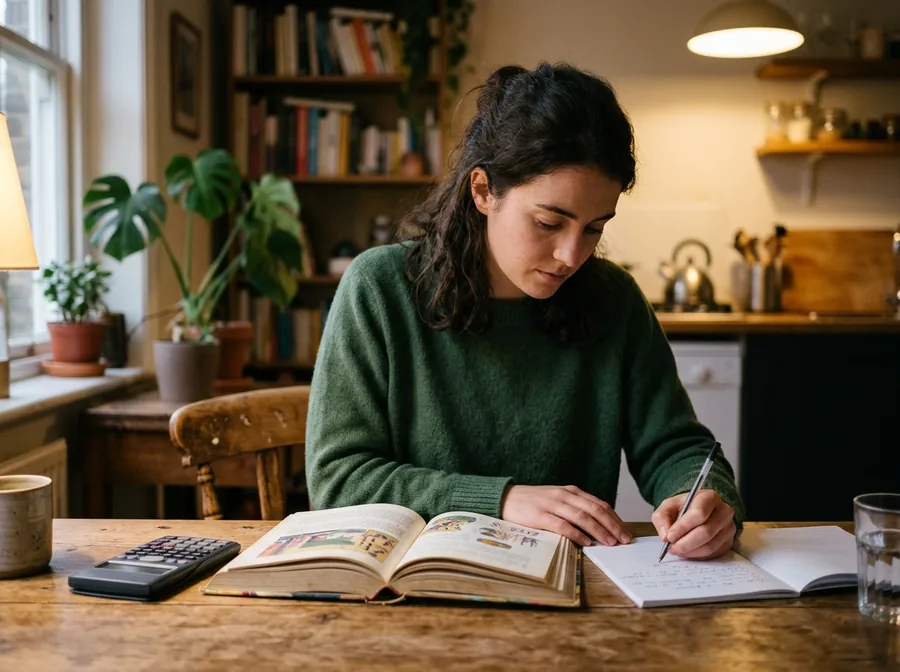 Student studying an illustrated book at a kitchen table