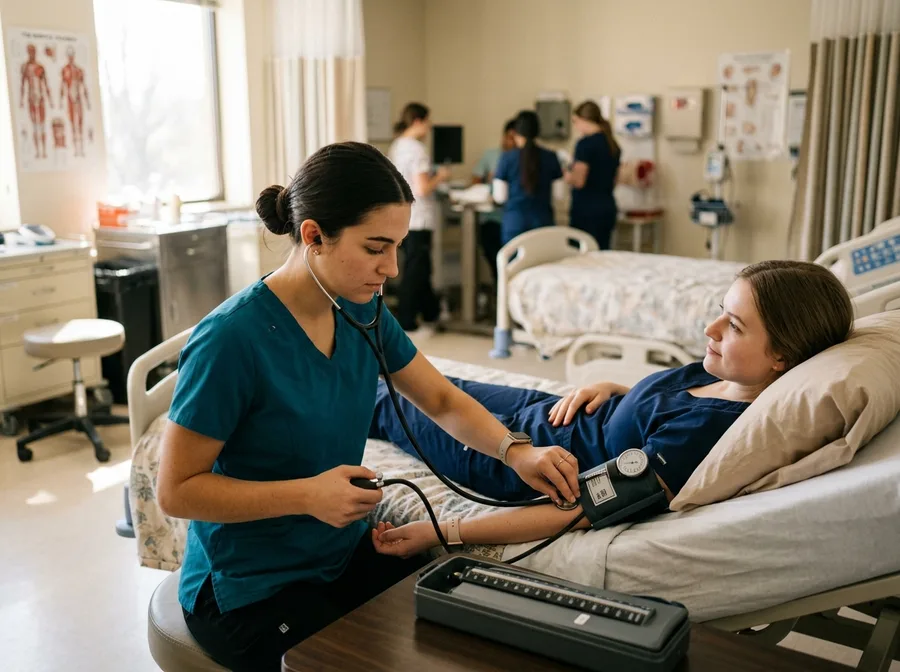 Nursing assistant student practicing a manual blood pressure on a classmate in a training lab