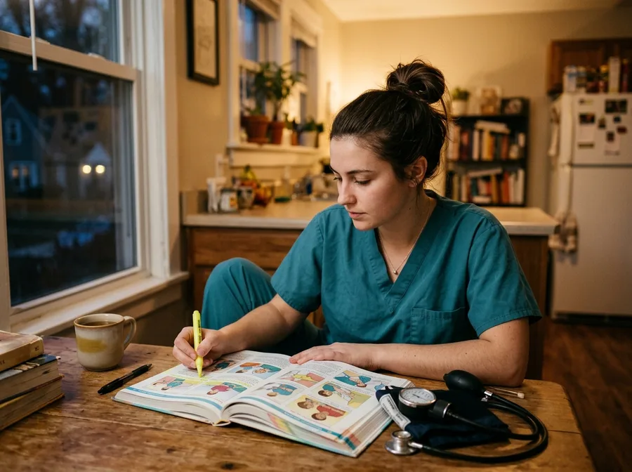 Nurse aide student in scrubs studying an illustrated guide at the kitchen table