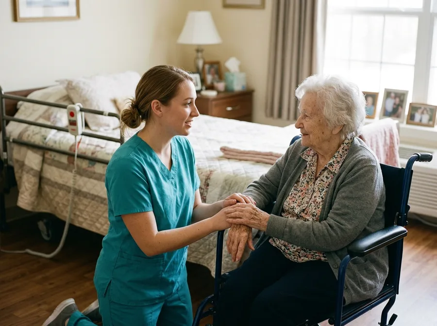 Nurse aide talking at eye level with an older woman in a wheelchair