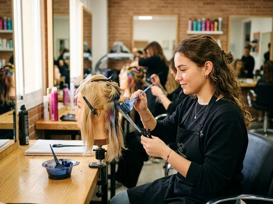 Cosmetology student applying color to a practice mannequin
