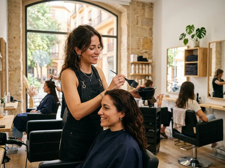 Stylist applying color to a smiling client