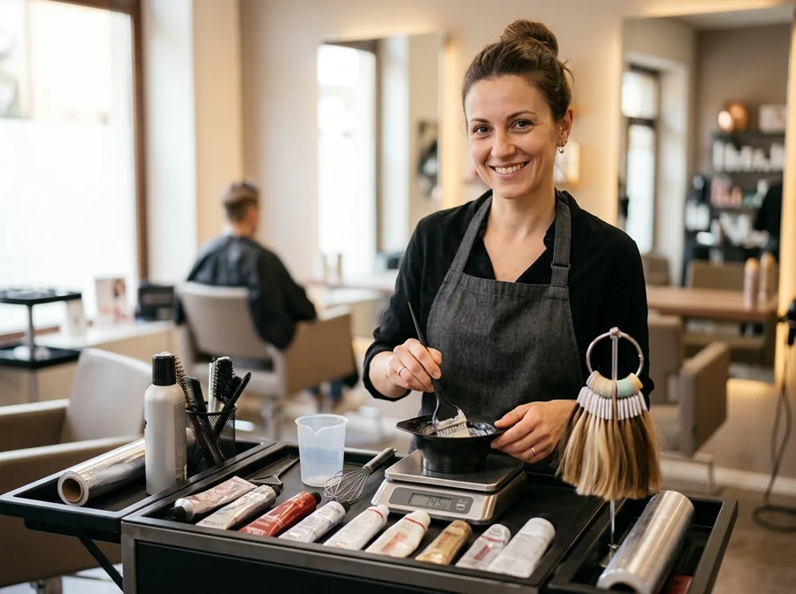 Colorist mixing a formula on a salon trolley