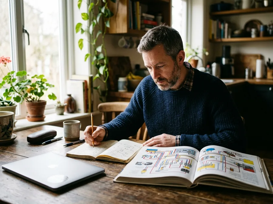 Adult reading an illustrated electrical book at a kitchen table with circuit sketches
