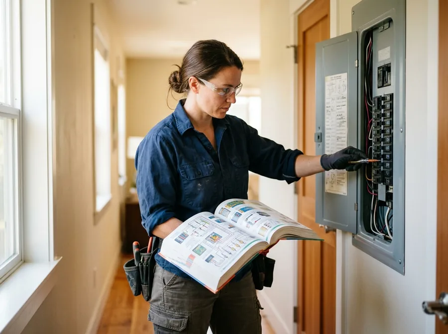 Electrician in safety glasses at an open residential panel with the book in hand