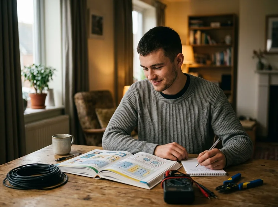 Apprentice electrician studying an illustrated book at the kitchen table with a multimeter and wire