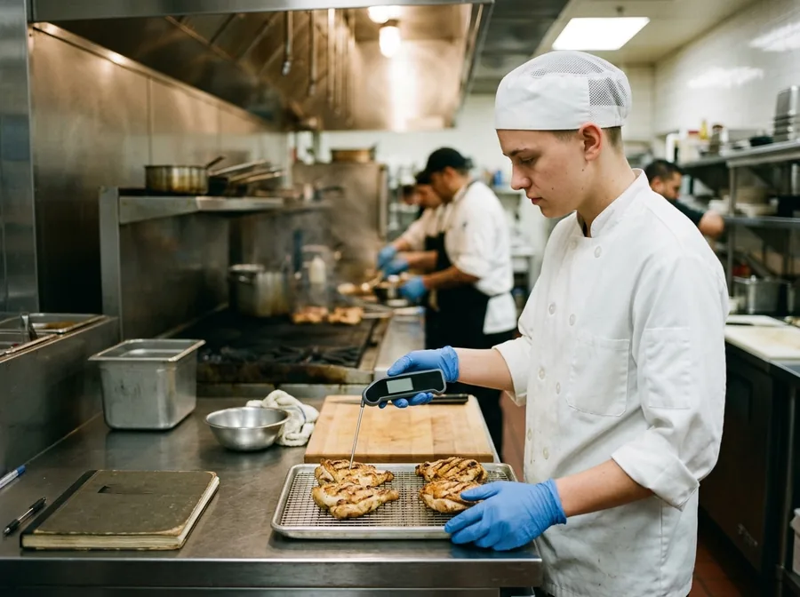 Line cook checking the temperature of grilled chicken with a probe thermometer