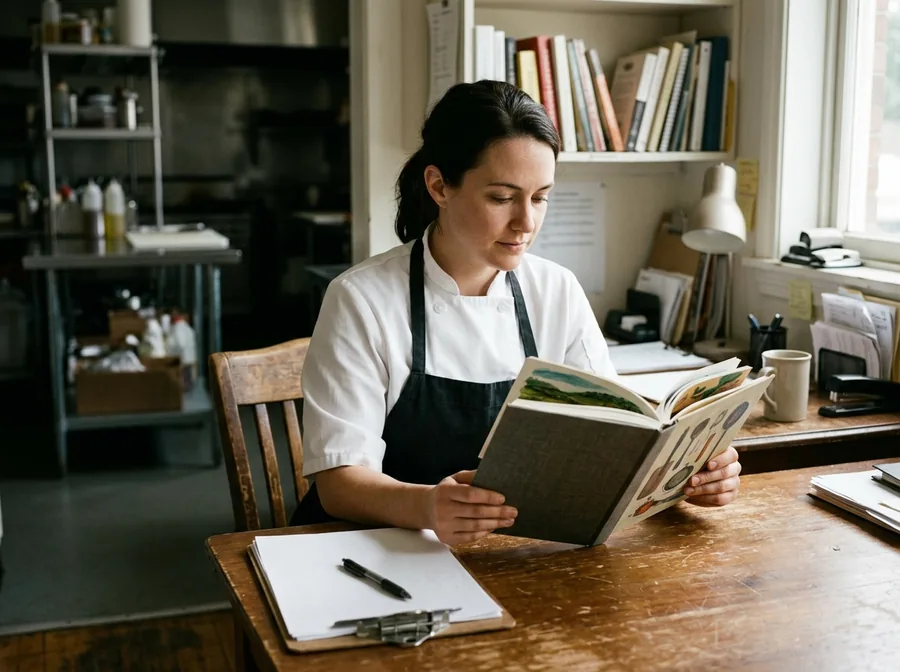 Kitchen manager reading an illustrated book in the back office before opening