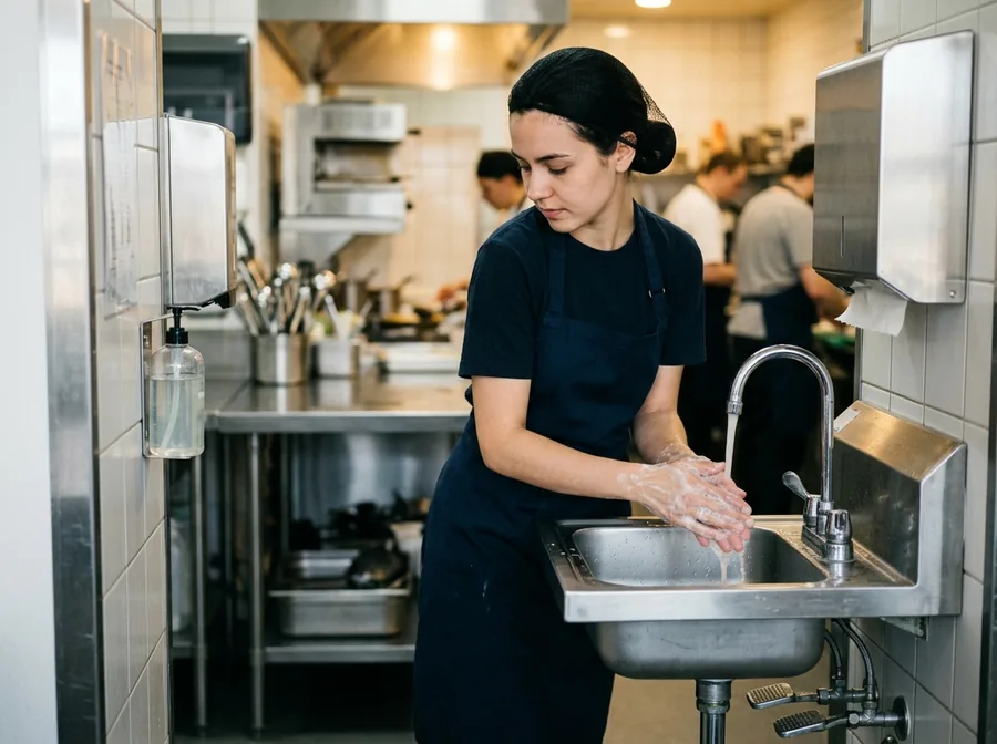 New restaurant employee washing hands at a handwashing sink before the shift