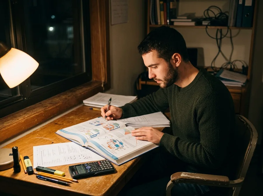 Man studying at night with a practice test sheet and a calculator