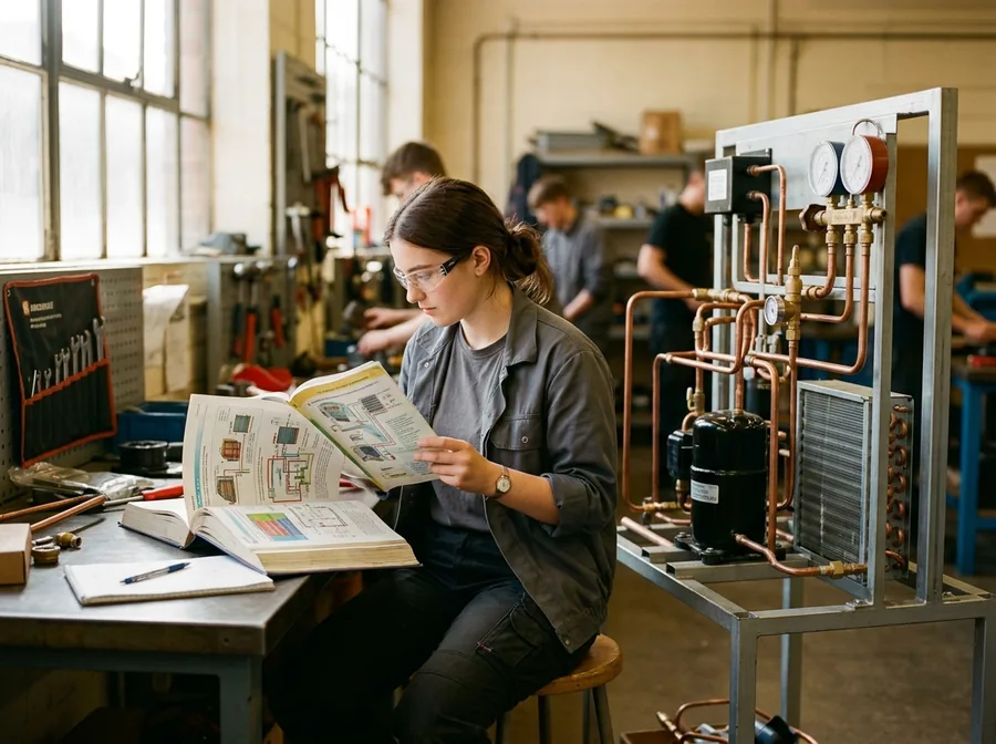 HVAC trainee next to an air conditioning trainer unit in a school workshop, reading the book