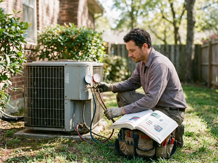 Technician kneeling at an outdoor condenser with manifold gauges, the book on his tool bag