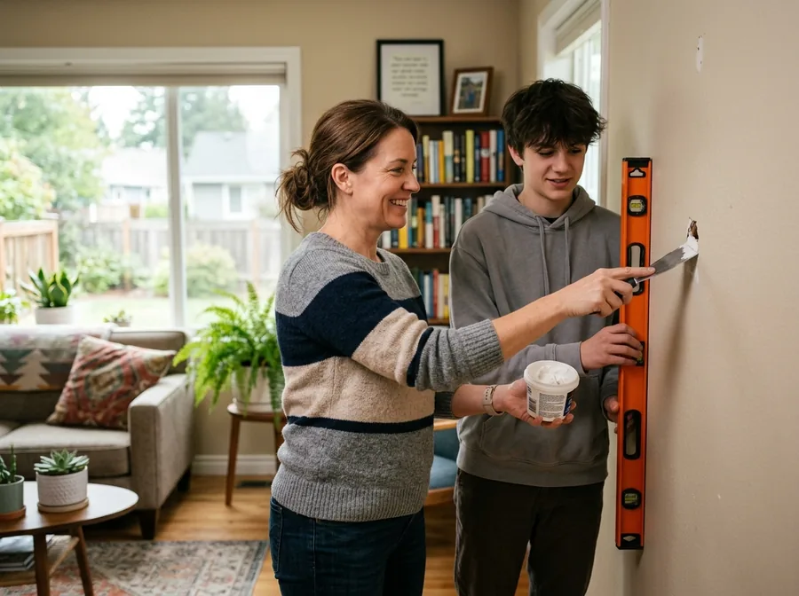 Mother and teenage son patching a hole in a living room wall