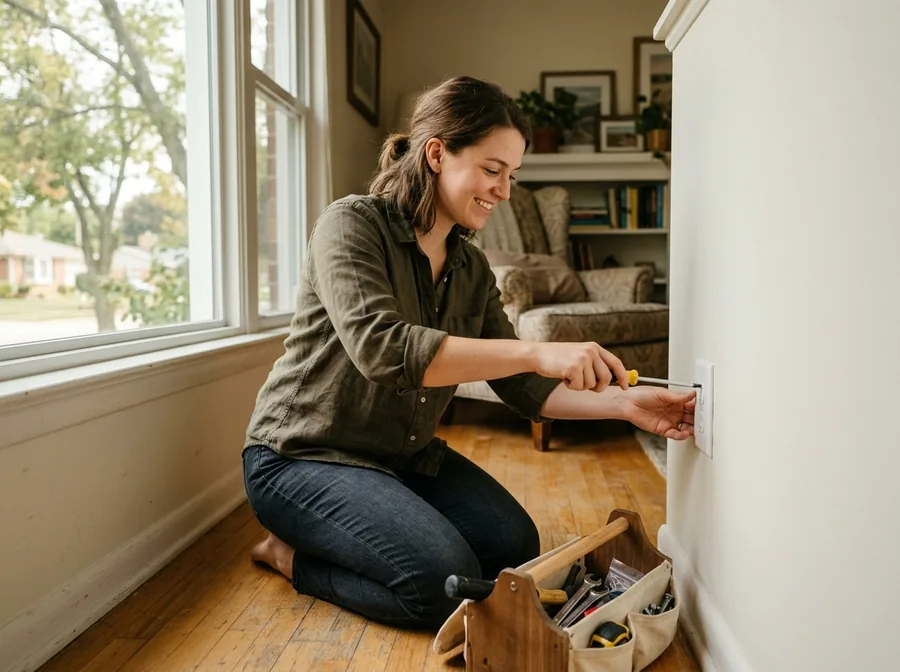 Young woman tightening the cover plate of an outlet with a screwdriver