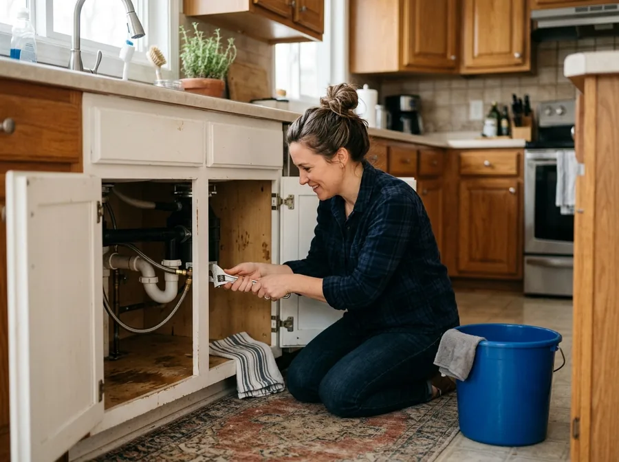 Woman tightening a valve under the kitchen sink with an adjustable wrench