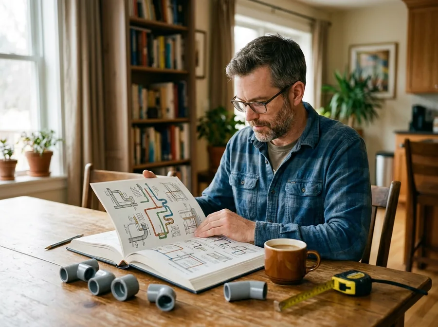 Man at a dining table reading about drain and vent pipes, with fittings and a tape measure