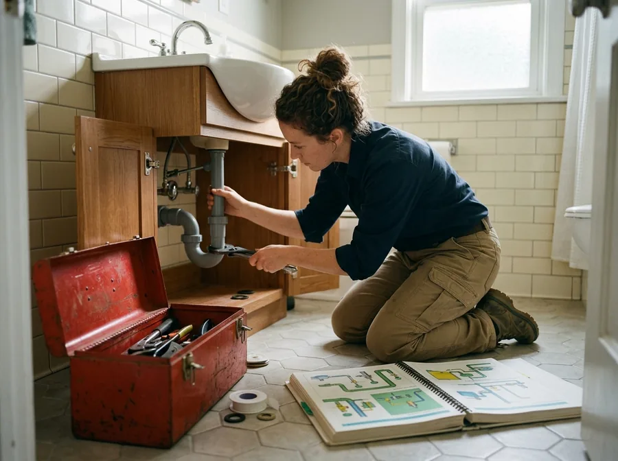 Plumber under a bathroom sink adjusting a P-trap, the book open on the floor