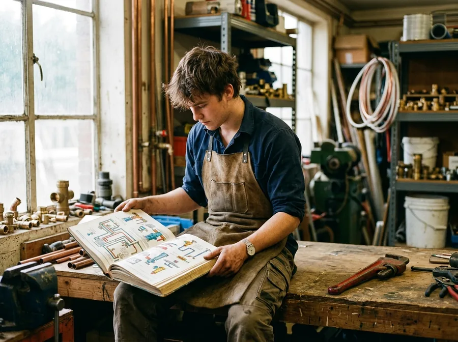 Young plumbing apprentice at a workbench with copper and PEX fittings, reading the book