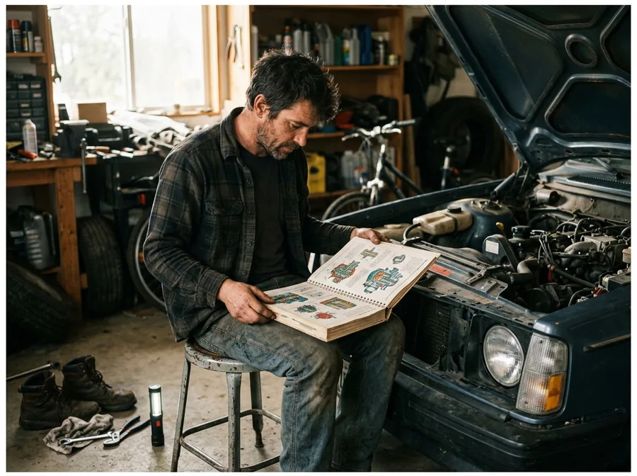 Man on a stool in his home garage reading the book next to his car