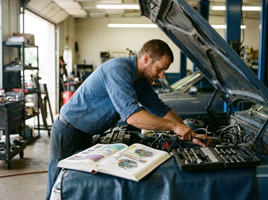 Mechanic leaning over an open hood, the book on the fender cover
