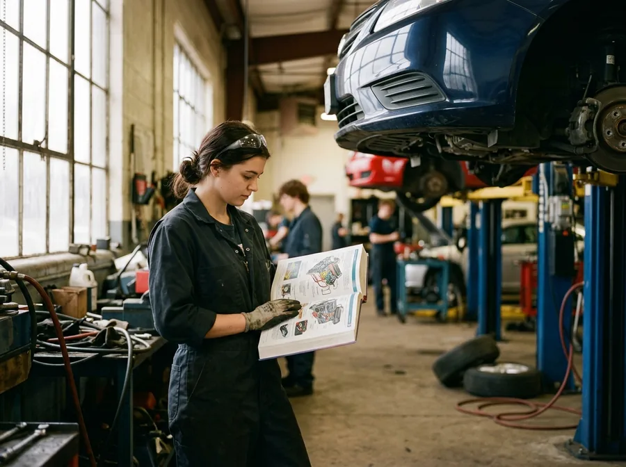 Automotive student in a school shop next to a car on a lift, reading the book