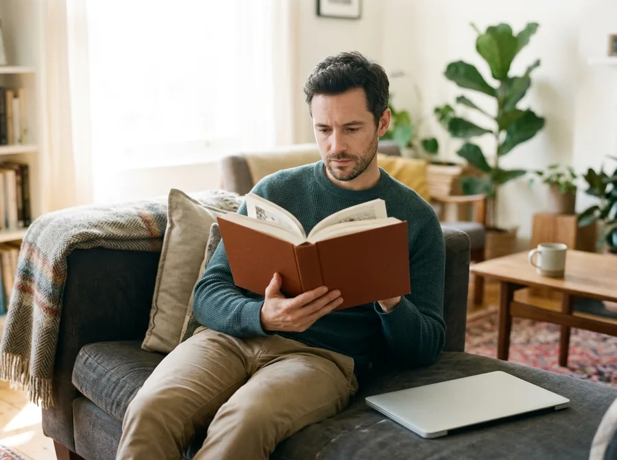 Man reading an illustrated book on a sofa