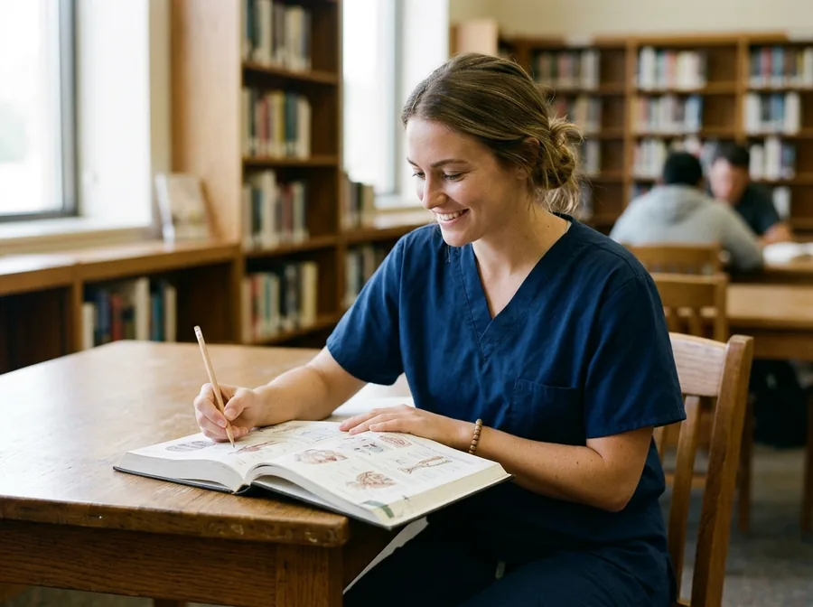 Student reviewing practice questions in an illustrated book