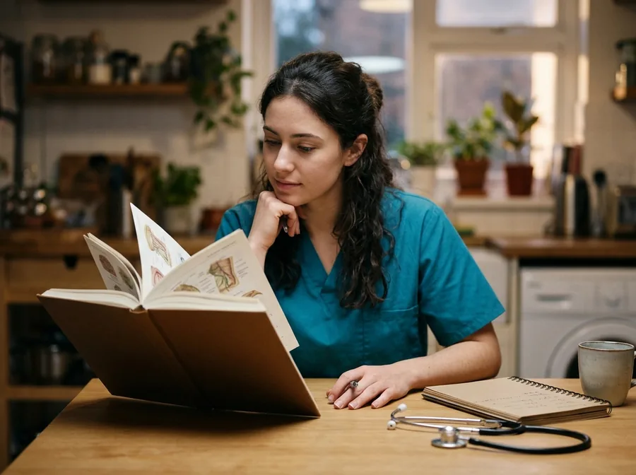 Nursing student studying an illustrated book at a kitchen table