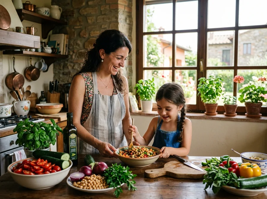 Mother and daughter preparing a meal together
