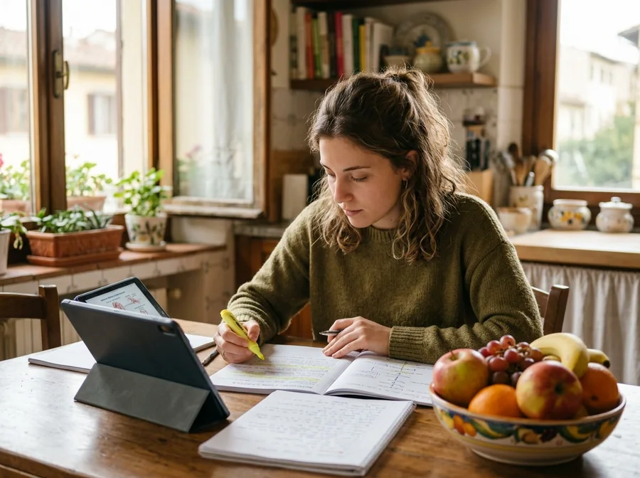 Student reviewing at a kitchen table with a notebook and a tablet