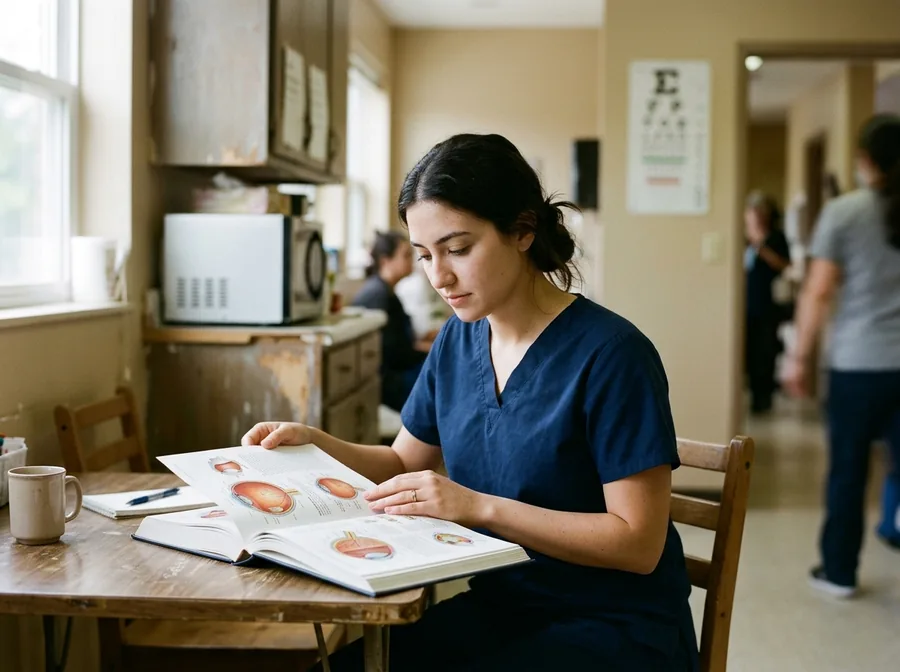 Ophthalmic assistant studying an illustrated book in a clinic break room
