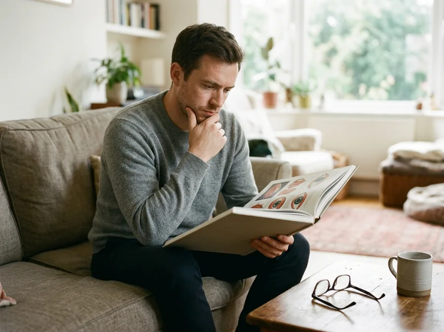 Man reading an illustrated book on a sofa
