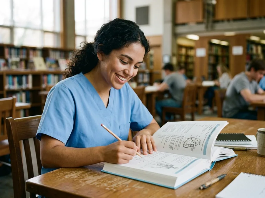 Student reviewing practice questions in an illustrated book
