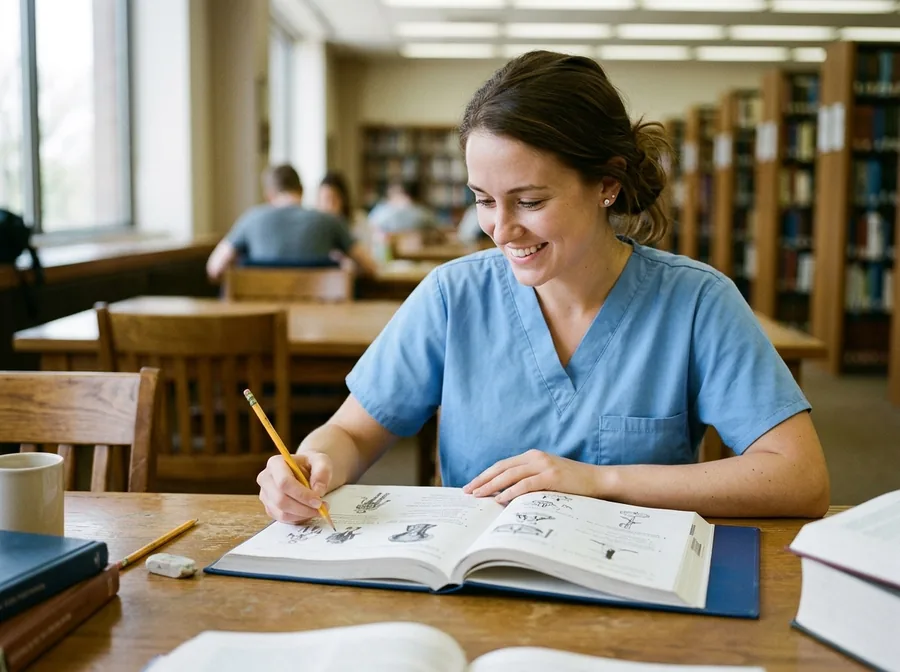 Student reviewing practice questions in an illustrated book