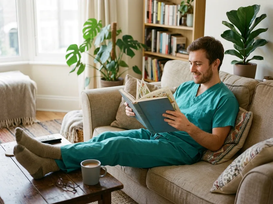 Nurse reading an illustrated book on a sofa after a shift