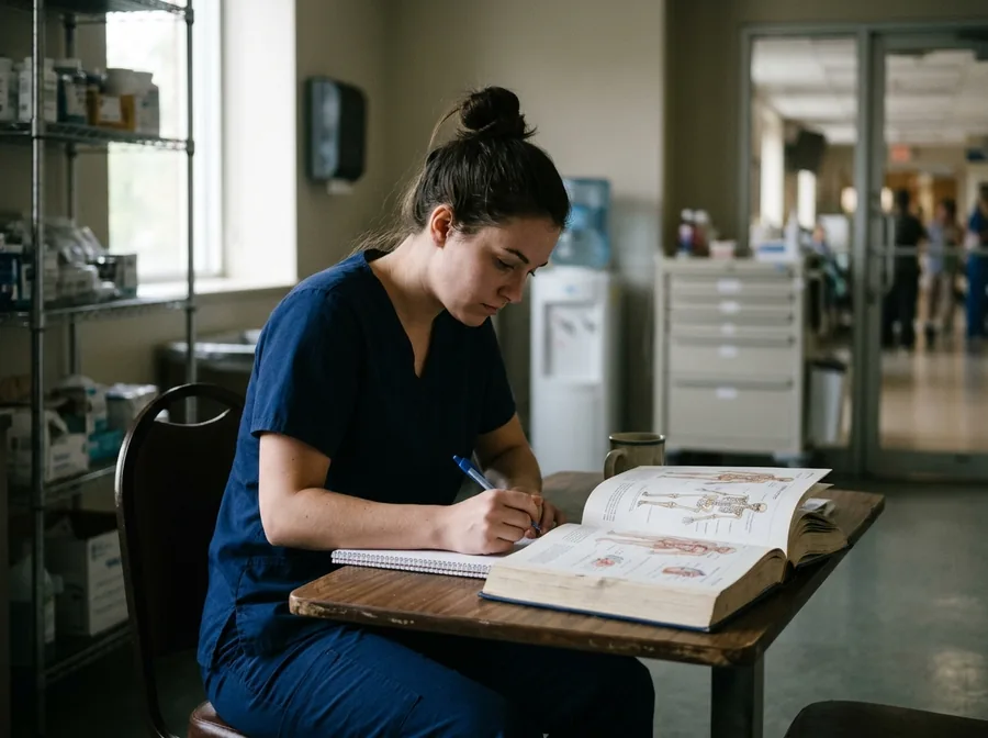 Nursing student studying an illustrated book in a hospital break room